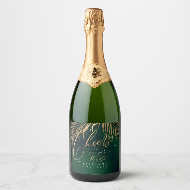 PixDezines Cheers Faux Gold Palms+Emerald Sparkling Wine Label (Front)