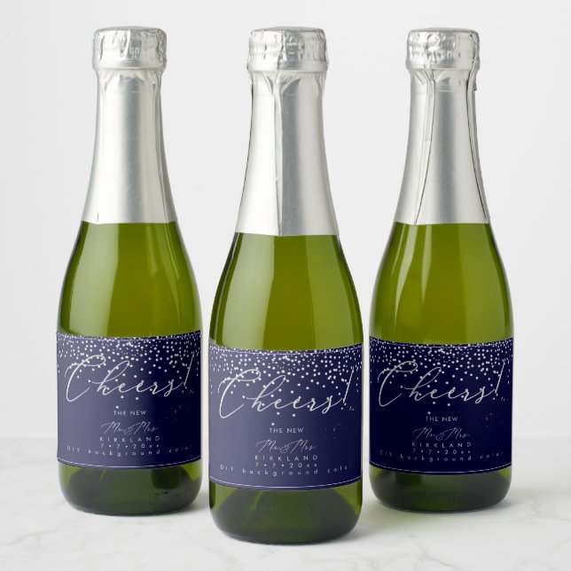 PixDezines Cheers Faux Silver Confetti DIY Navy Sparkling Wine Label (Bottles)
