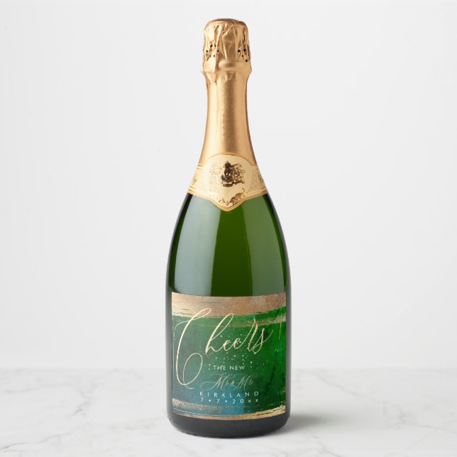 PixDezines Cheers Gold Brush Strokes Emerald Teal Sparkling Wine Label (Front)
