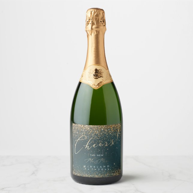 PixDezines Cheers Gold Glitter Slate Teal Sparkling Wine Label (Front)
