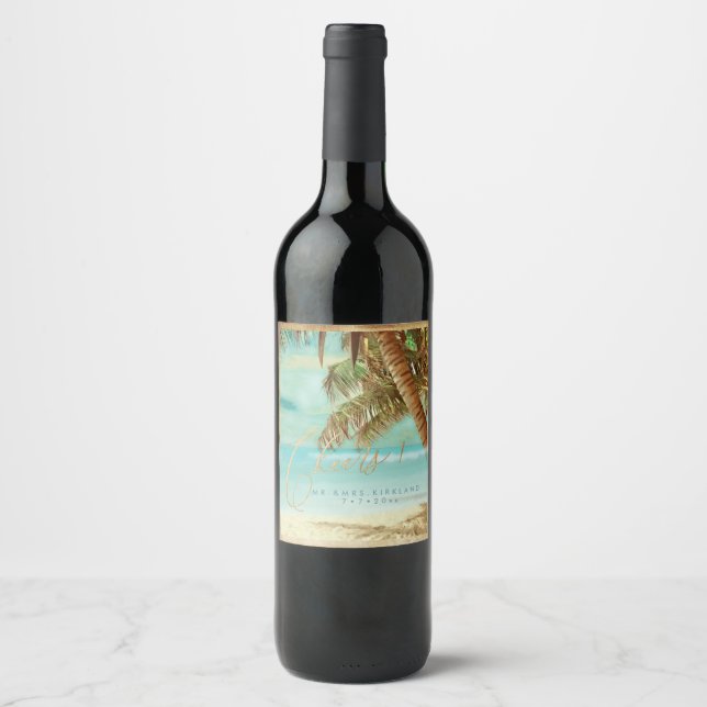 PixDezines Cheers vintage beach, tropical palms Wine Label (Front)