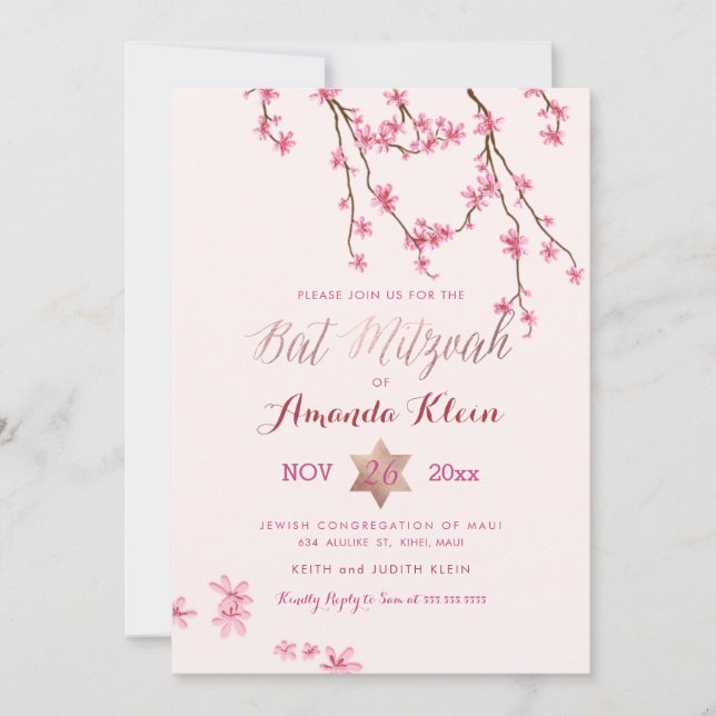 PixDezines Cherry Blossoms Bat Mitzvah Invitation (Front)