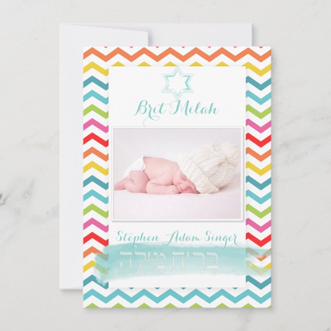 PixDezines chevron/brit milah/photo frame+stars Invitation (Front)