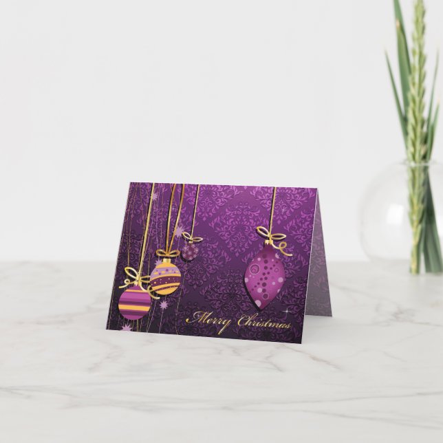 PixDezines Christmas Ornaments/purple damask Holiday Card (Front)