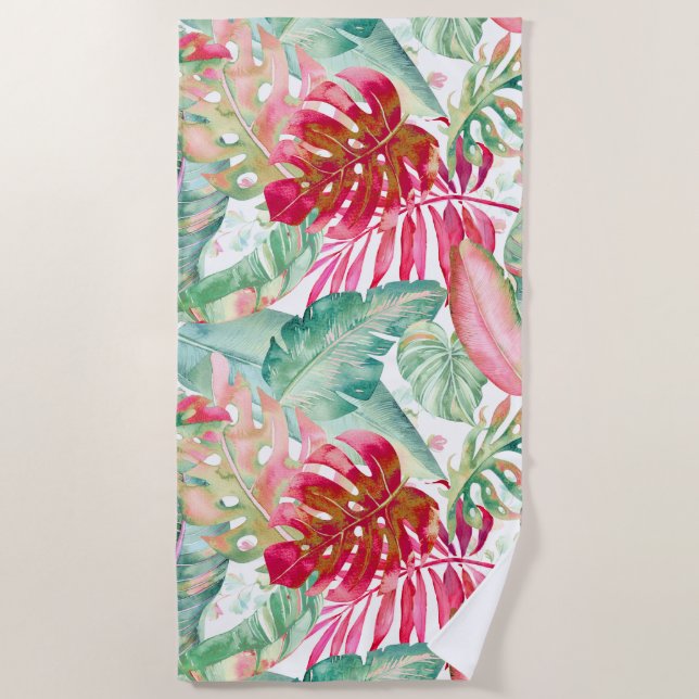 PIXDEZINES CHRISTMAS RED TROPICAL FOLIAGE BEACH TOWEL (Front)