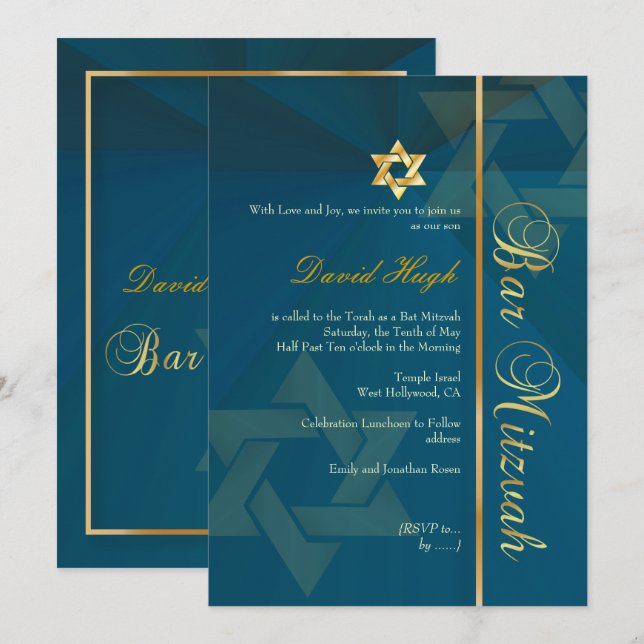 PixDezines CLASSIC BAR MITZVAH/TEAL BLUE+GOLD Invitation (Front/Back)