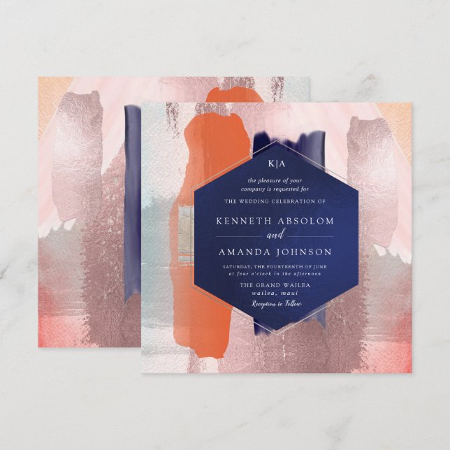 PixDezines Colour Block Modern Art Coral Blush Nav Invitation (Front/Back)