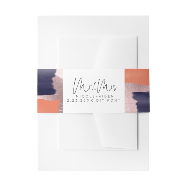 PixDezines Colour Block Navy+Rose Gold Invitation Belly Band (Front Example)