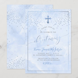 PixDezines Corn Flower Blue Marble Christening Invitation