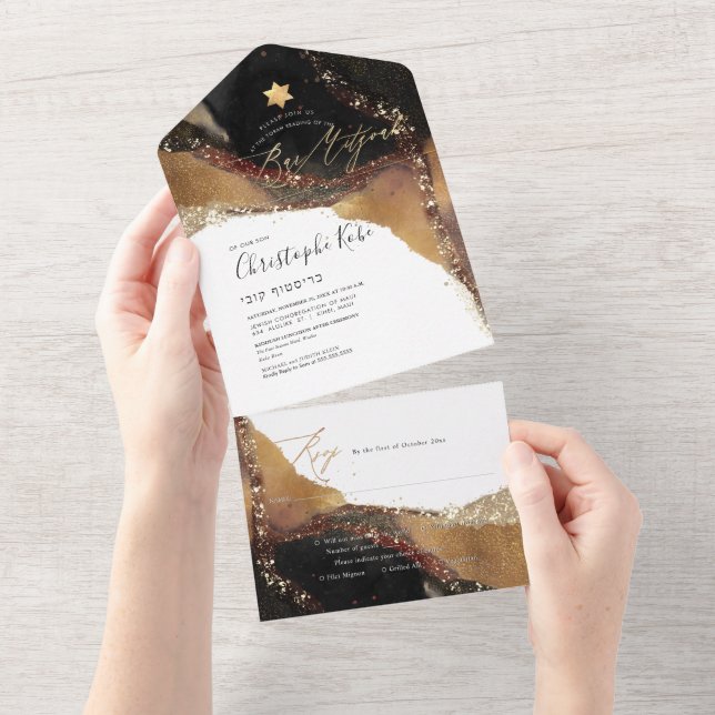 PixDezines Cosmic Black Gold Bar Mitzvah All In One Invitation (Tearaway)