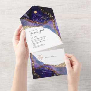 PixDezines Cosmic Indigo Blue Bat Mitzvah All In One Invitation