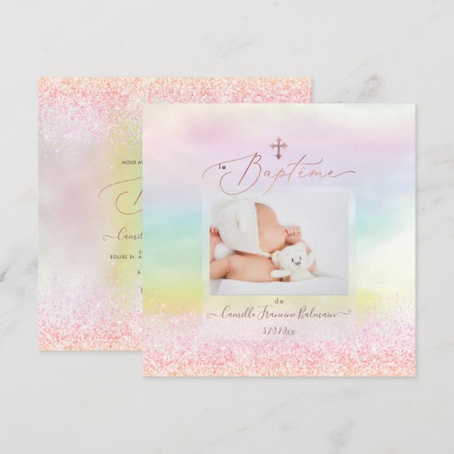 PixDezines Cotton Candy Glitter, Baptême Fille Invitation (Front/Back)