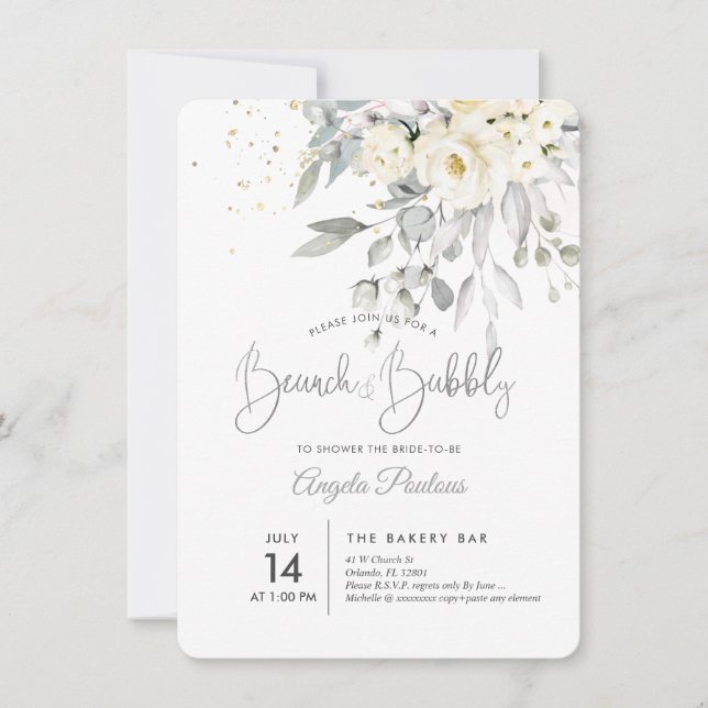 PixDezines Cream Roses Eucalyptus Brunch+Bubbly Invitation (Front)