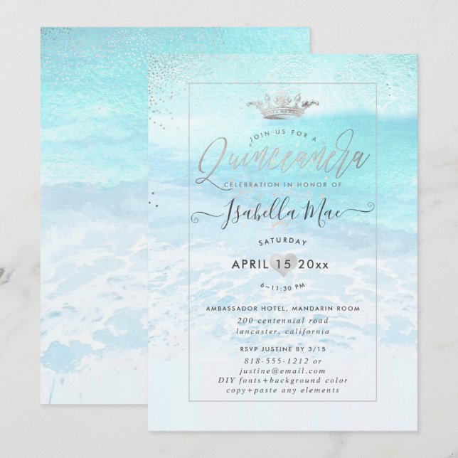 PixDezines Crystal Blue BeachShoreline Quinceanera Invitation (Front/Back)