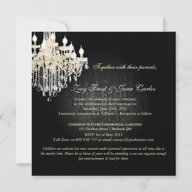 PixDezines Crystal Chandelier + Damask/black+white Invitation (Front)