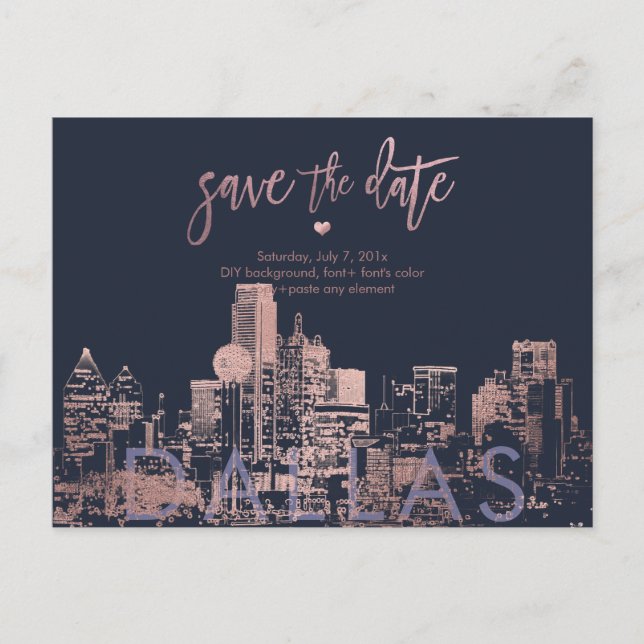 PixDezines/Dallas Save the Date/Faux Rose Gold Announcement Postcard (Front)