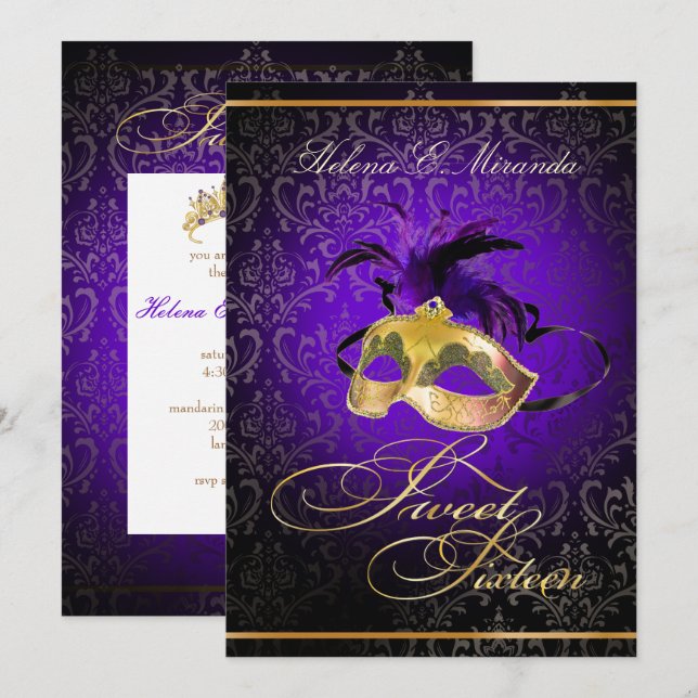 PixDezines DAMASK SWEET 16 MASQUERADE/DIY PURPLE Invitation (Front/Back)