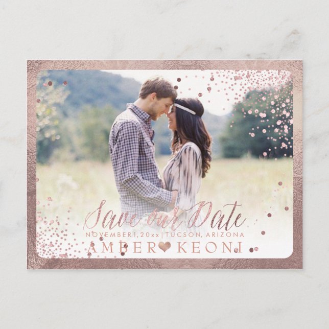 PixDezines Dazzled Faux Rose Gold Confetti Announcement Postcard (Front)