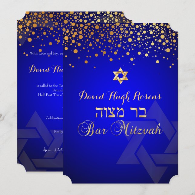 PixDezines dazzled gold/Bar Mitzvah/royal blue Invitation (Front/Back)