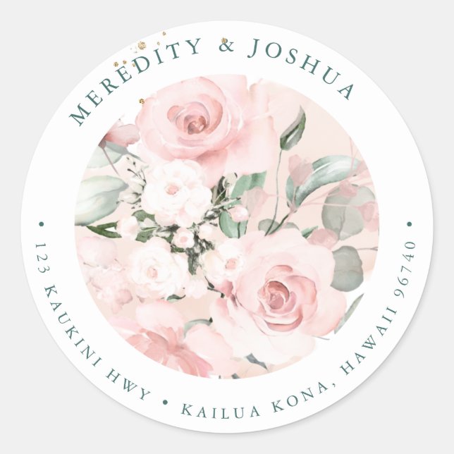 PixDezines Delicate Bloom, Blush Roses White Hyde Classic Round Sticker (Front)