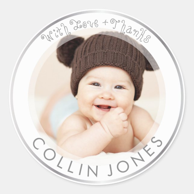 PixDezines DIY Baby Shower Photo Thank You Classic Round Sticker (Front)