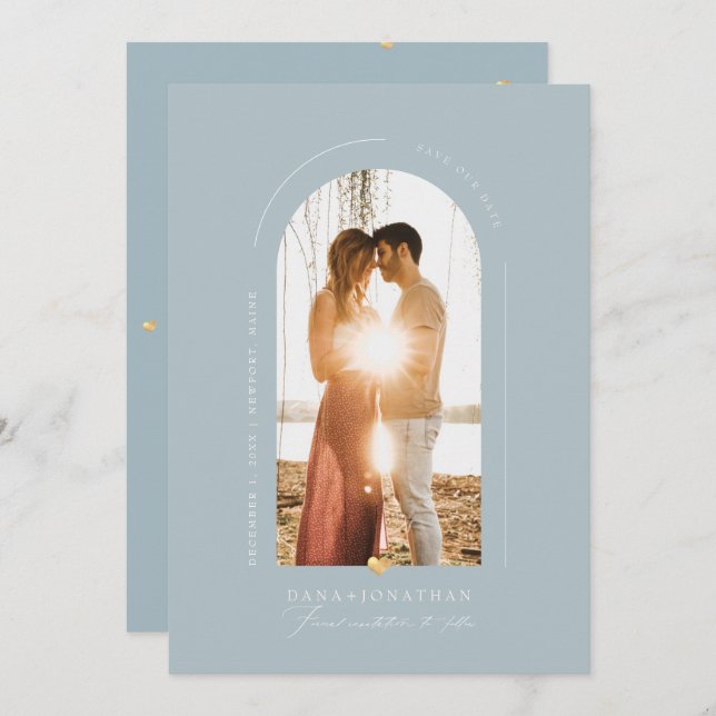 PixDezines DIY colour Dusty Blue Arch Save Date Invitation (Front/Back)