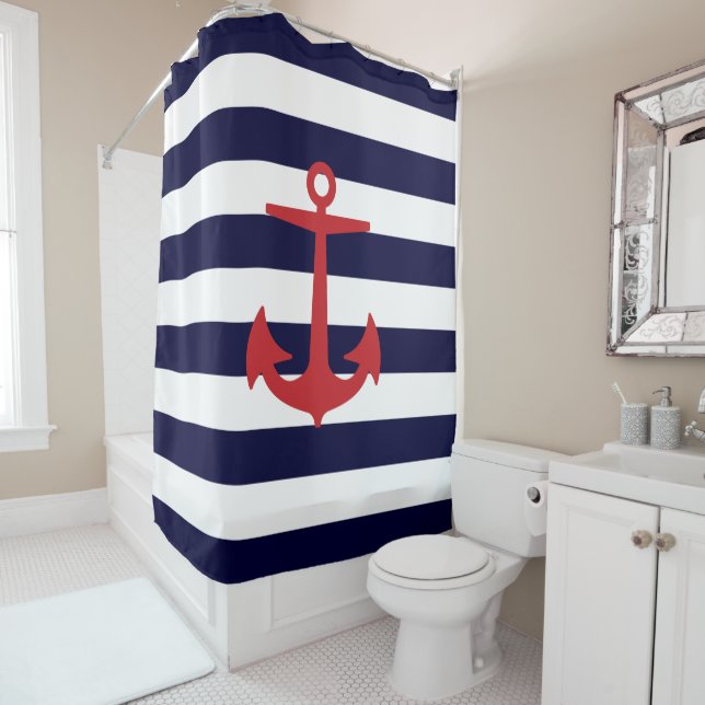PixDezines DIY colour Nautical Stripes/Red Anchor Shower Curtain (In Situ)