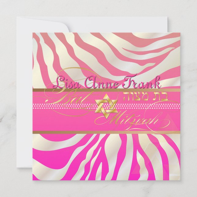 PixDezines DIY colour/Pink Zebra, Bat Mitzvah Invitation (Front)