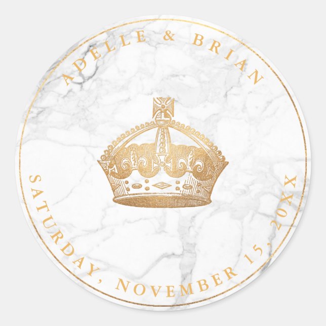 PixDezines DIY Faux Gold Crown + Marble Classic Round Sticker (Front)