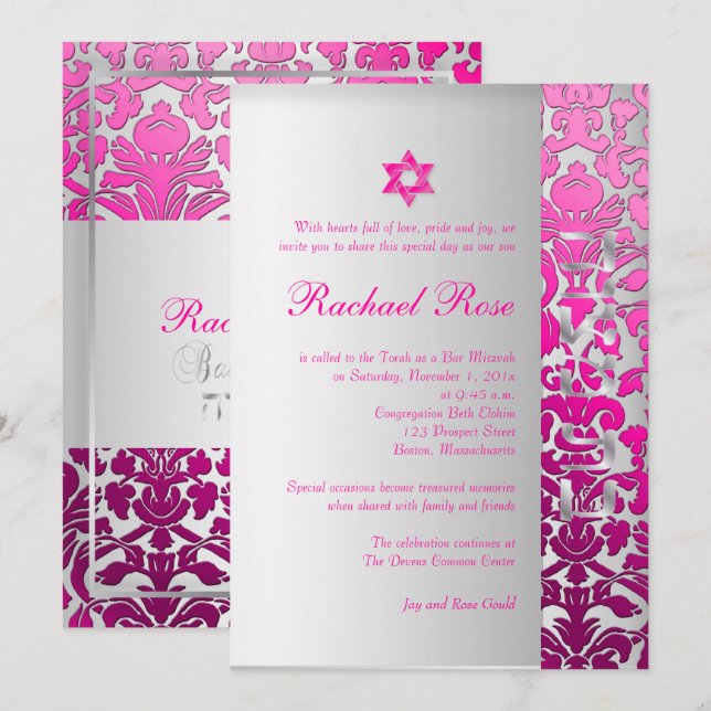 PixDezines DIY flora damask/Mitzvah/pink/silver Invitation (Front/Back)