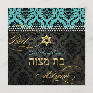 PixDezines DIY teal Vendome Damask, Bat Mitzvah Invitation