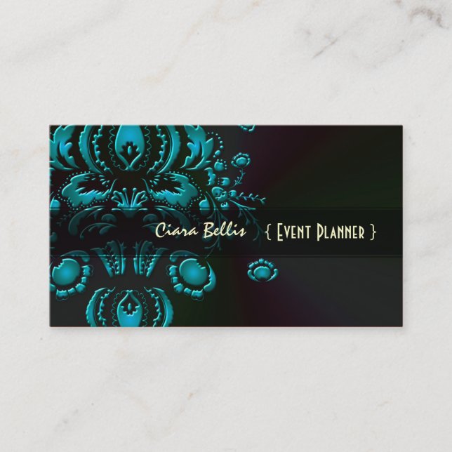 PixDezines Dolcè Damask/Teal+Charcoal Business Card (Front)