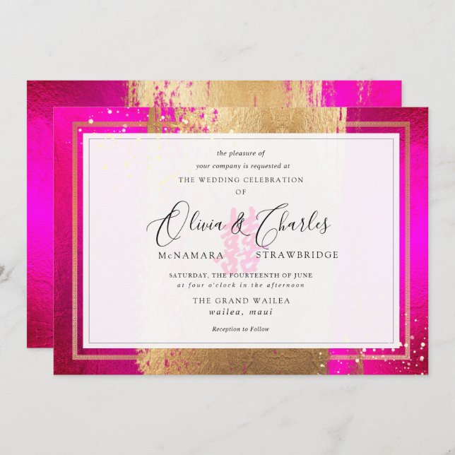 PixDezines Double Happiness, Faux Gold Hot Pink Invitation (Front/Back)