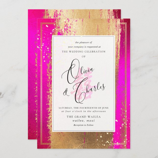 PixDezines Double Happiness, Faux Gold Hot Pink Invitation (Front/Back)