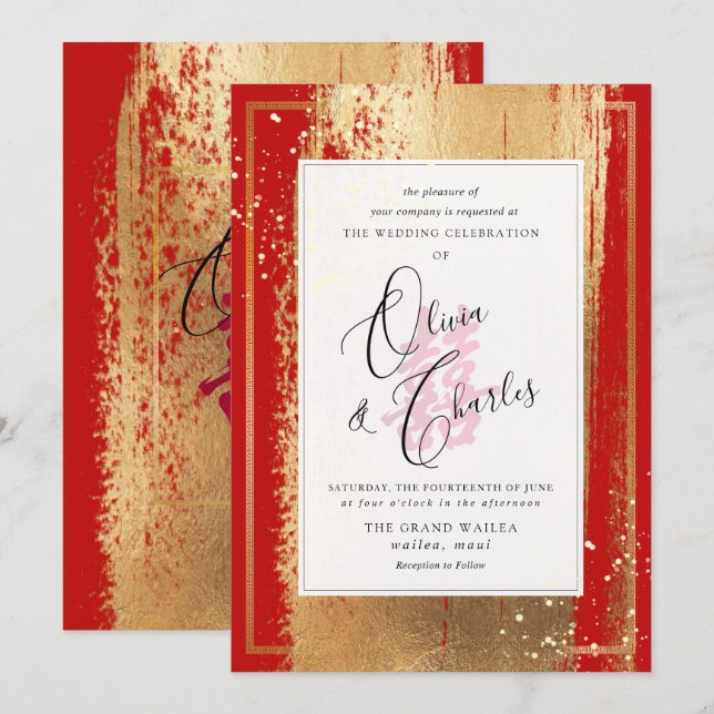 PixDezines Double Happiness, Faux Gold Invitation (Front/Back)