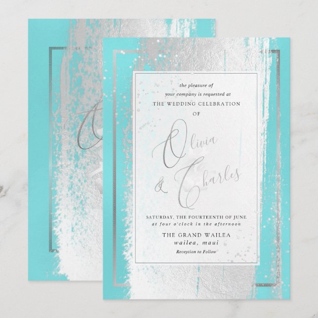 PixDezines Double Happiness, Platinum+Aqua Invitation (Front/Back)
