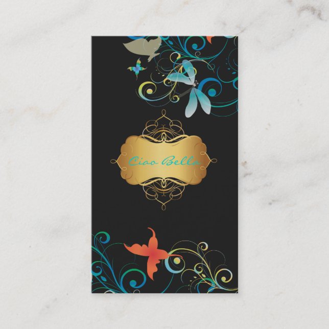 PixDezines Dragonflies Butterflies Rainbow Swirls Business Card (Front)