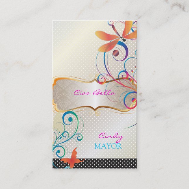 PixDezines Dragonflies Butterflies Rainbow Swirls Business Card (Front)