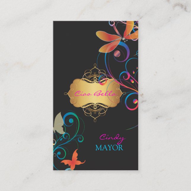 PixDezines Dragonflies Butterflies Rainbow Swirls Business Card (Front)