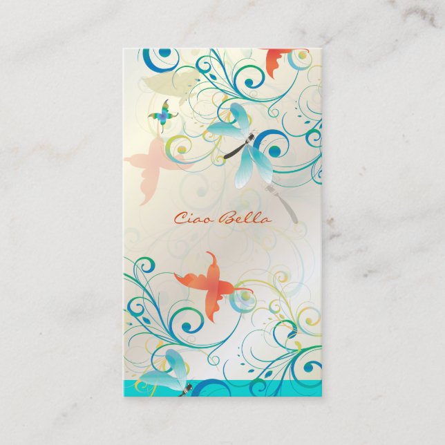PixDezines Dragonflies Butterflies Rainbow Swirls Business Card (Front)