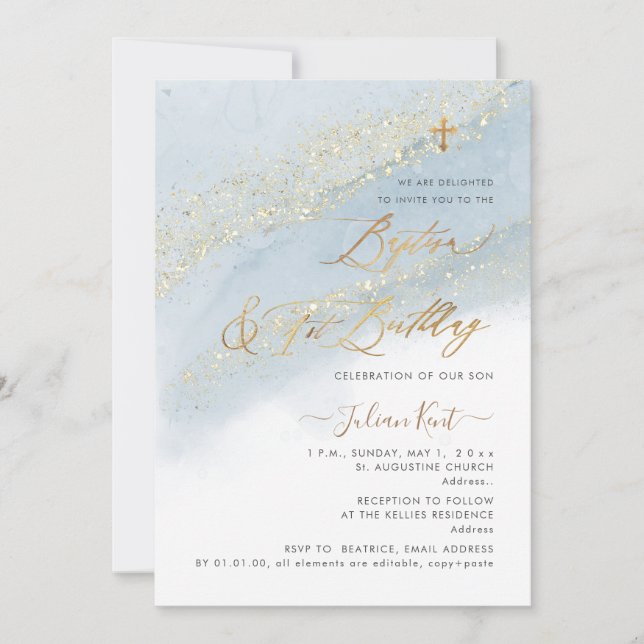 PixDezines Dusty Blue Gold Baptism+1st Birthday Invitation (Front)