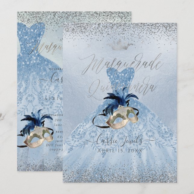 PixDezines Dusty Blue Masquerade Quinceanera Gown Invitation (Front/Back)