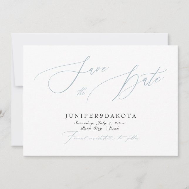 PixDezines Dusty Blue Modern Script Save the Date Invitation (Front)