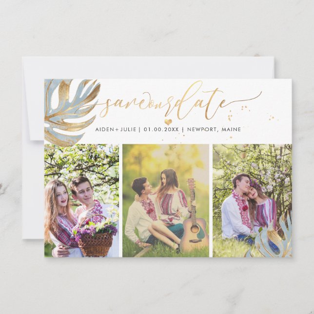 PixDezines Dusty Blue Monstera Faux Metallic Save The Date (Front)