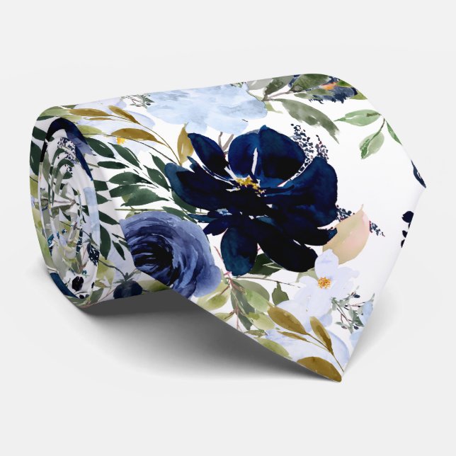 PixDezines Dusty Blue Navy Blue Watercolor Flower Tie (Rolled)