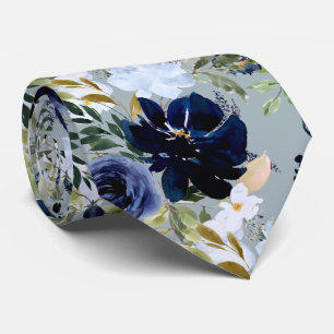 PixDezines Dusty Blue Navy Blue Watercolor Flower Tie