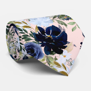 PixDezines Dusty Blue Navy Watercolor Flowers Pink Tie