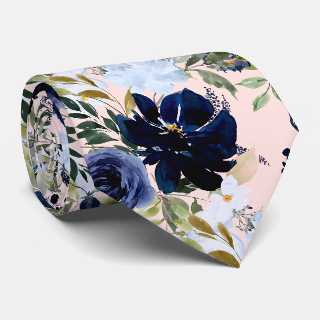 PixDezines Dusty Blue Navy Watercolor Flowers Pink Tie (Rolled)