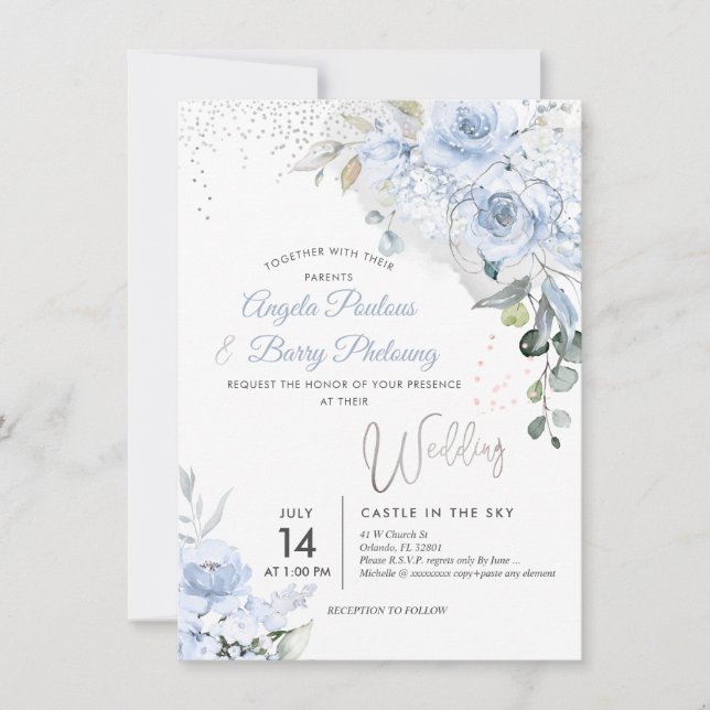 PixDezines Dusty Blue Roses Faux Silver Glitter Invitation (Front)
