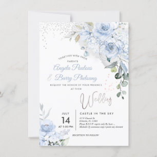 PixDezines Dusty Blue Roses Faux Silver Glitter Invitation